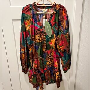 FARM Rio NWT AUTHENTIC BROWN PRINTED LEOPARD TROPICAL LONG SLEEVES DRESS